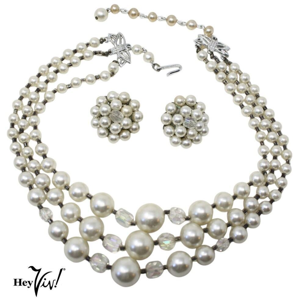 Vintage 3 Strand Pearl Crystal Necklace Clip On Earring Set Original Box Japan